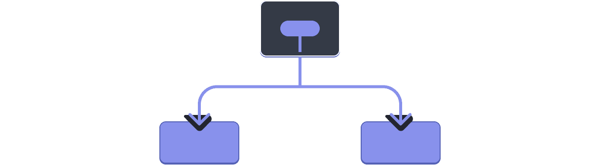 3 コンポーネントからなるツリーを表した図。親には紫でハイライトされた値がある。その値は 2 つの子コンポーネント(紫)に渡されている。